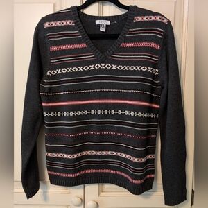 Izod Women's Gray V-Neck Sweater With Striped Front NWOT